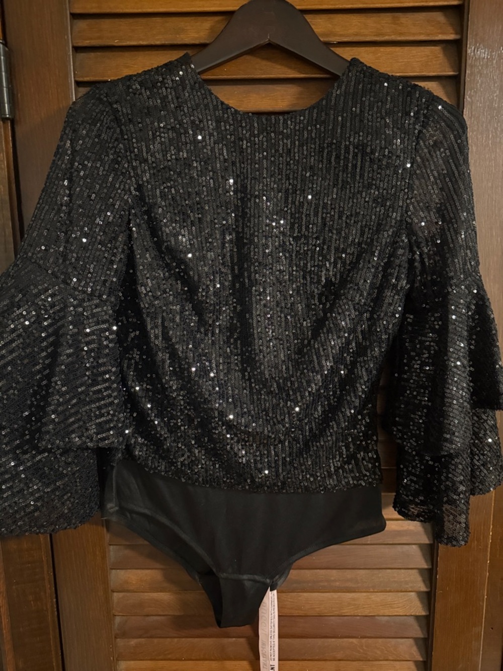 Mac Duggal Black Sequin Bell-Sleeve Bodysuit with Snap Bottom